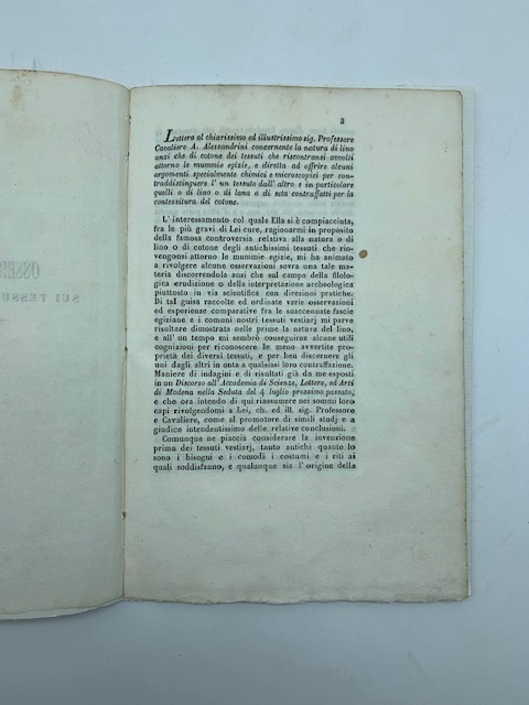 Lettera...concernente la natura di lino anzi che di cotone dei tessuti che riscontransi avvolti attorno le mummie egizie...